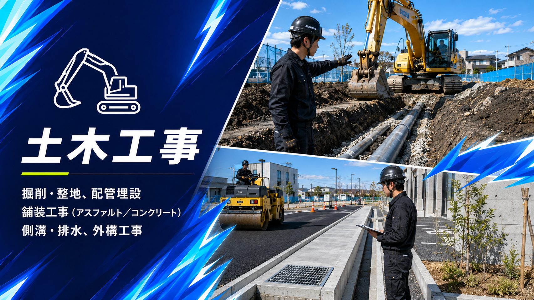 バックホウによる掘削と配管埋設、ローラーによるアスファルト舗装を行う土木工事の現場