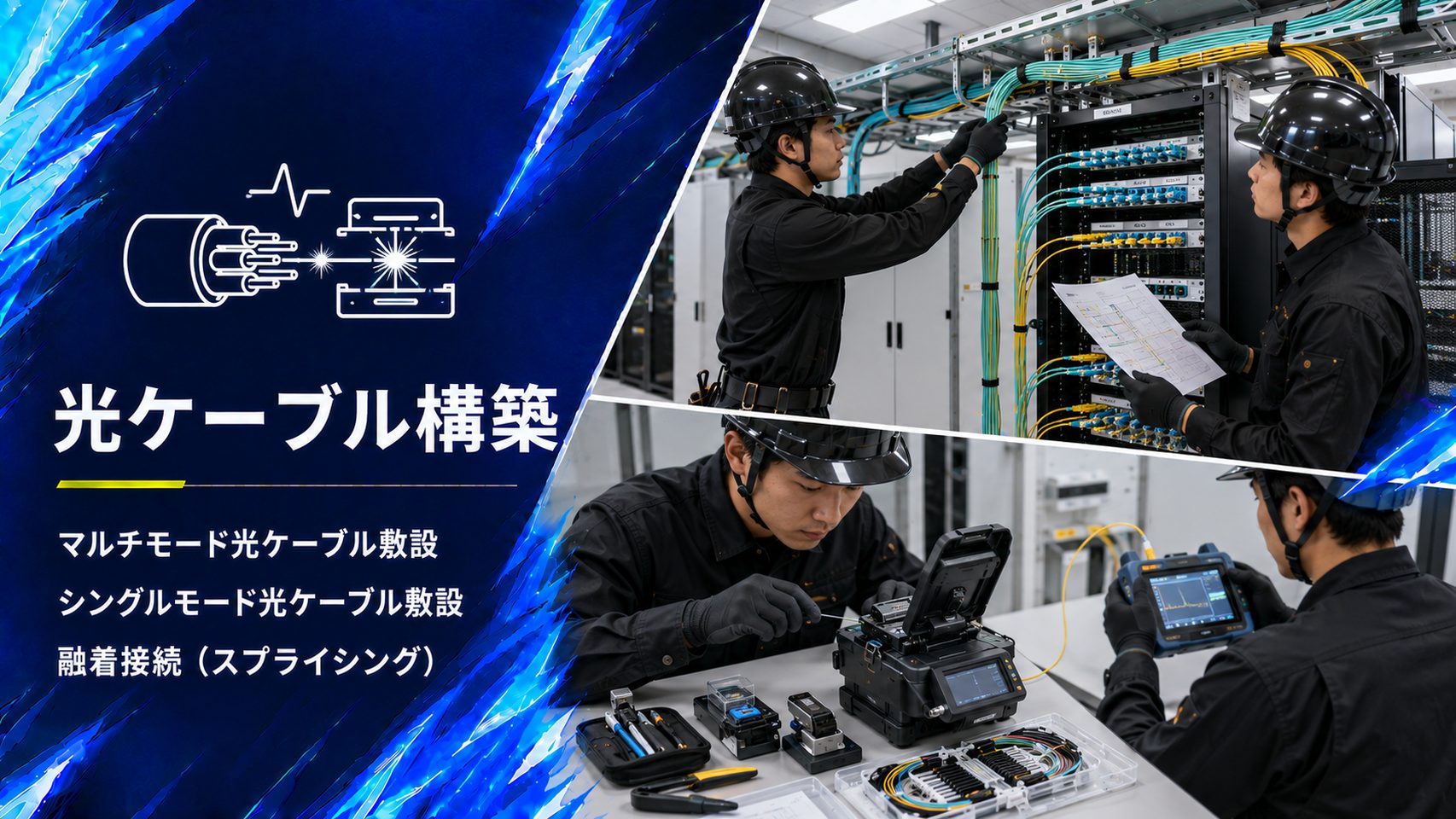 光成端架への光ケーブル敷設と融着接続機によるスプライシング作業およびOTDR測定