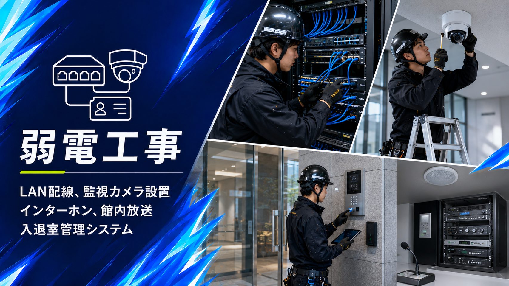 十勝・帯広エリアでサーバーラックへのLAN配線と防犯カメラ・ネットワークカメラ設置を行う弱電工事の作業風景