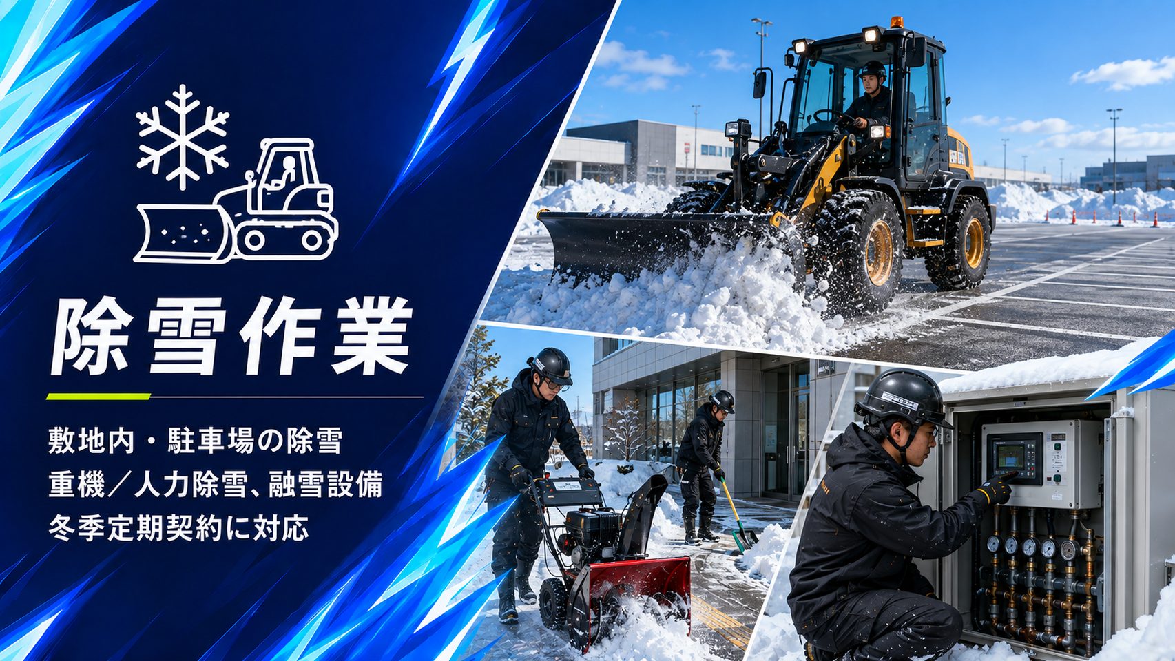 ホイールローダーによる駐車場の除雪と除雪機・人力除雪、融雪設備の制御盤点検